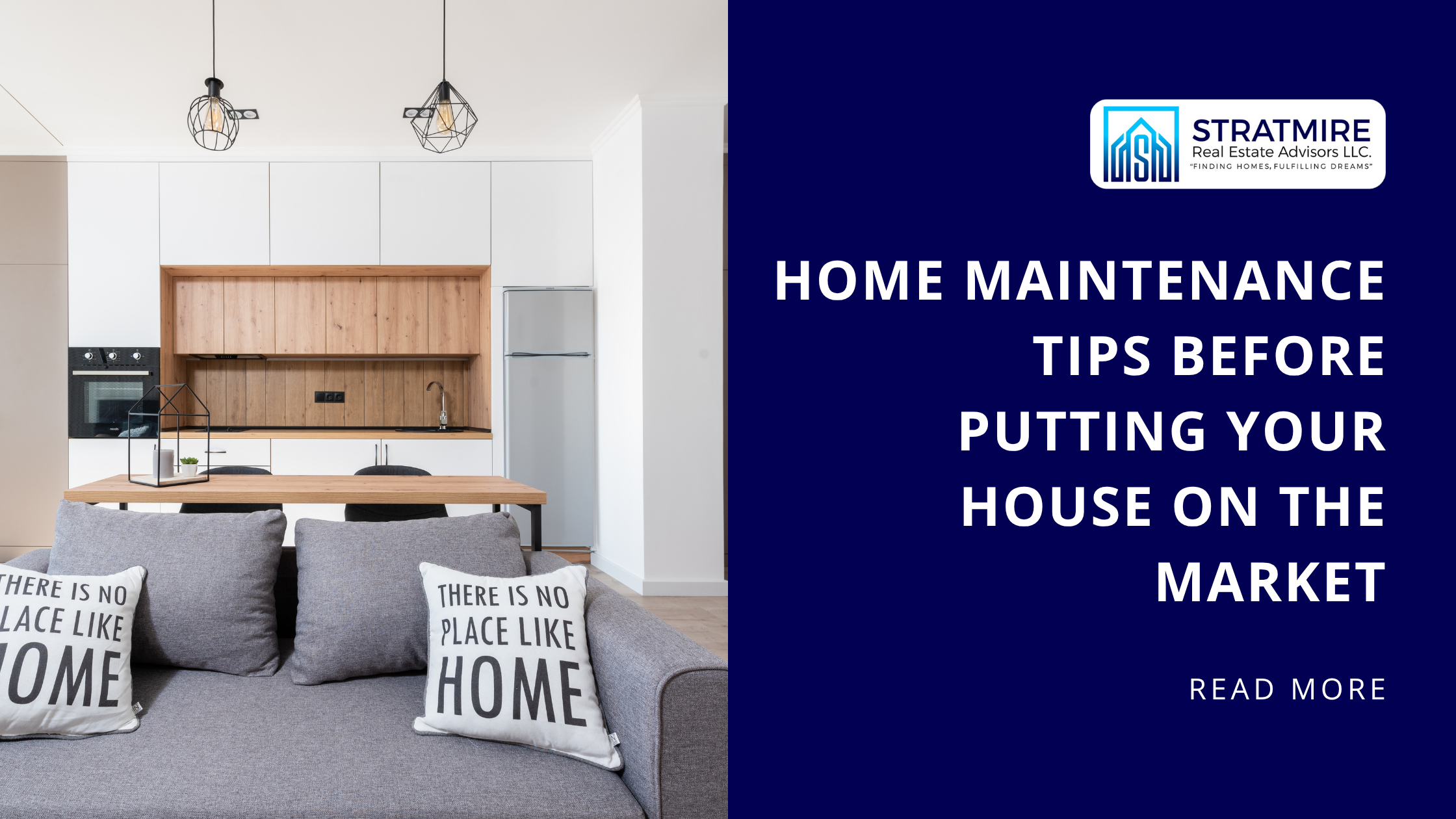 Room with sofa next to kitchen with the business logo, blog title, and read more option.